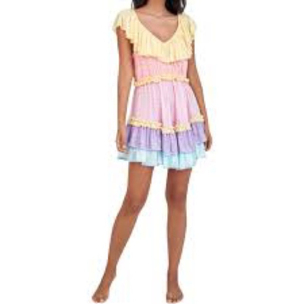 Pitusa Pastel Rainbow Ruffle Mini Dress Pink Yellow Purple Blue Size Standard